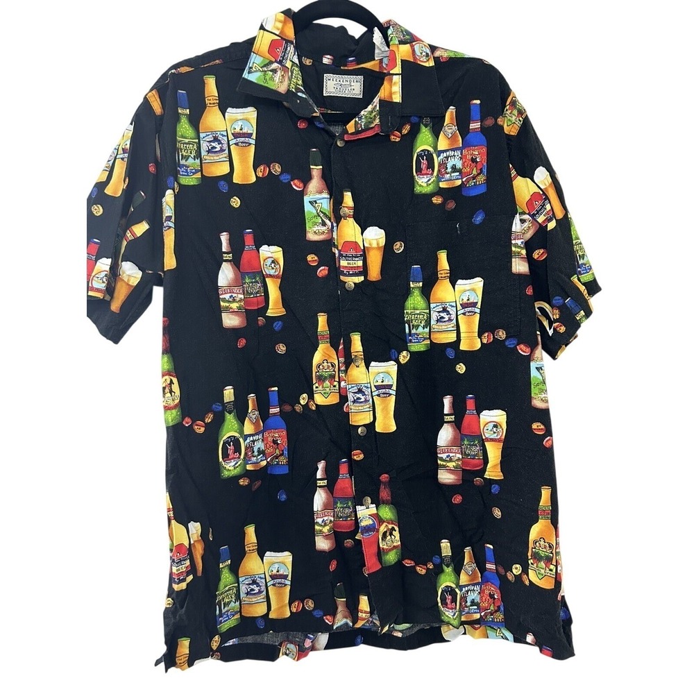 Weekender Traveler Mens Beer Bottle Print Hawaiian Shirt Black Cotton Rayon L